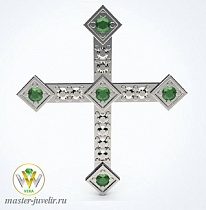 Крестик декоративный из белого золота с бриллиантами и изумрудами