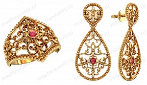 Золотой комплект с гранатами: кольцо и длинные серьги с замками-закрутками