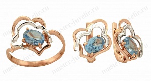 Комплект из двух цветов золота с голубыми камнями: кольцо и серьги