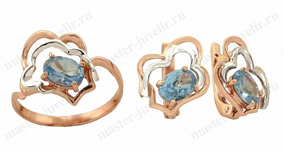 Комплект из двух цветов золота с голубыми камнями: кольцо и серьги