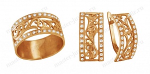 Золотой гарнитур с винтажным узором: широкое кольцо и серьги