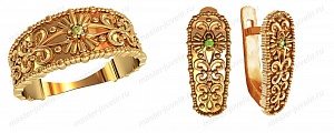 Гарнитур золотой узорный с хризолитами: серьги и кольцо