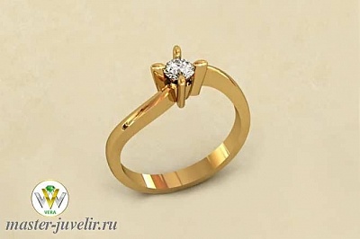 Кольцо помолвочное с бриллиантом золотое со скошенными крапанами