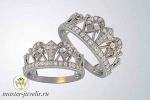 Обручальные кольца короны в белом родированном золоте с бриллиантами