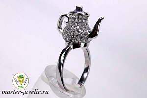 Эксклюзивное кольцо серебряное Чайничек в камнях
