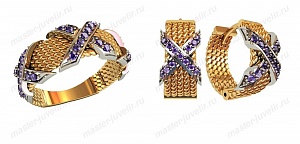 Золотой гарнитур Плетенки с сапфирами: кольцо и серьги