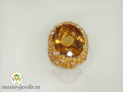 Золотое кольцо с  бриллиантами цитринами и большим цитрином