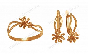 Комплект золотых украшений: кольцо и серьги