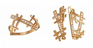 Золотой гарнитур с бриллиантами: кольцо, серьги Кп104 210-215