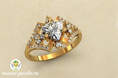  Женское золотое кольцо с полудрагоценным камнем - горный хрусталь и фианитами