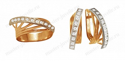 Золотой комплект с драгоценными камнями: кольцо и серьги