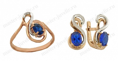 Комплект из комбинированного золота с синими камнями: кольцо и серьги