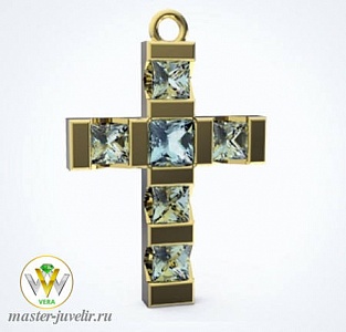 Крестик золотой декоративный с горным хрусталем
