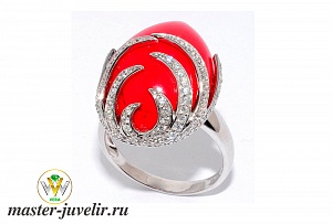 Женское кольцо с кораллом из белого золота