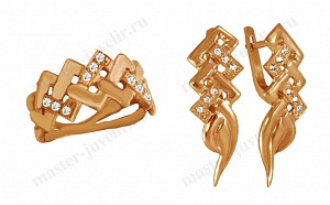 Женский комплект золотой с фианитами: кольцо и серьги