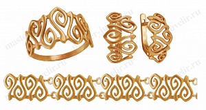 Золотой гарнитур с винтажным узором: кольцо, серьги, браслет
