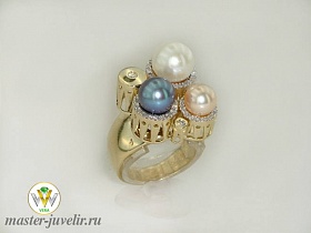 Кольцо золотое с бриллиантами и с цветным жемчугом