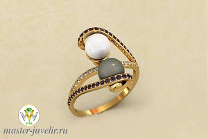 Золотое кольцо с белым и цветным жемчугом сапфирами и бриллиантами