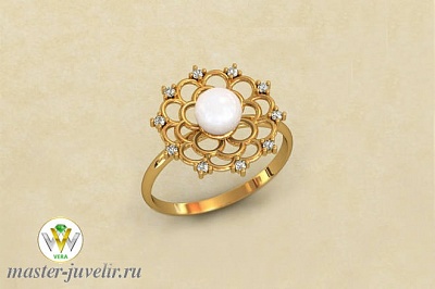 Необычайно нежное золотое кольцо Вселенная с бриллиантами и жемчужиной