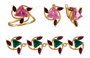 Золотой комплект с разноцветными камнями: кольцо, серьги, браслет