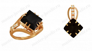 Золотой комплект с черными квадратными ониксами и бриллиантами: кольцо и серьги