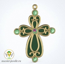 Декоративный крестик с зеленной эмалью и хризолитами
