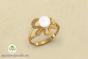 Золотое кольцо с жемчугом в форме неправильного цветка и тремя бриллиантами 