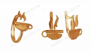 Золотой комплект в виде чашек кофе: кольцо и серьги