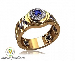Золотое мужское кольцо в виде браслета с фианитами