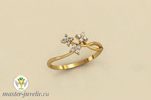 Изящное золотое кольцо с тремя цветочками с бриллиантами