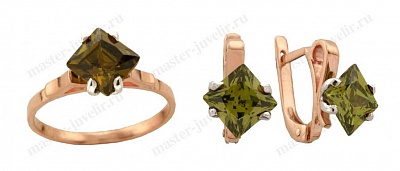 Комплект ювелирных украшений с зелеными синтетическими камнями: кольцо и серьги