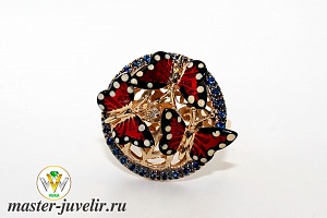 Золотое кольцо Бабочки с сапфирами и эмалью