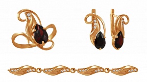 Золотой гарнитур с гранатами в виде капли: кольцо, серьги, браслет