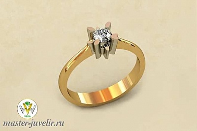 Золотое кольцо помолвочное с бриллиантом в необычном кастике из белого золота