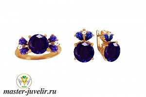 Комплект золотой кольцо серьги с синими и белыми фианитами