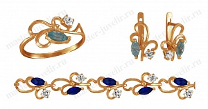 Женский золотой комплект с разноцветными фианитами: кольцо, серьги, браслет