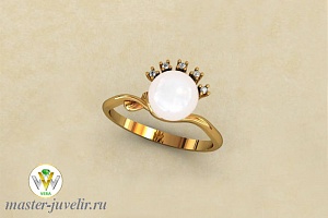Элегантное золотое кольцо с большим жемчугом и бриллиантами
