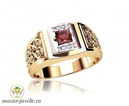 Золотое мужское кольцо печатка с рубином и бриллиантами