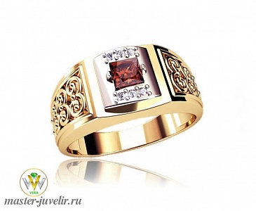 Золотое мужское кольцо печатка с рубином и бриллиантами
