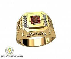 Золотая мужская печатка с разноцветными полудрагоценными камнями