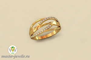 Золотое кольцо переплетенные дорожки с бриллиантами