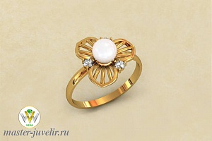 Кольцо золотое в форме цветка с жемчугом и цирконами