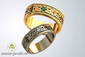 Обручальные кольца с орнаментом бриллиантом и изумрудом 
