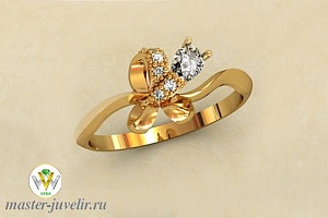 Женское кольцо из желтого золота с цирконами
