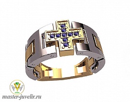 Кольцо гибкое двухцветное с крестом из сапфиров