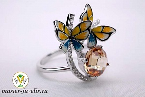 Серебряное кольцо Бабочки с камнями и эмалью  