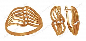 Ажурный золотой комплект: кольцо и серьги