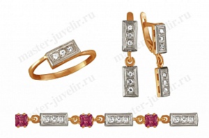 Гарнитур из комбинированного золота: кольцо, серьги, браслет