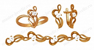 Золотой комплект с растительным узором: кольцо, серьги, браслет