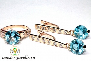 Комплект золотых ювелирных украшений кольцо и серьги с топазами и бриллиантами